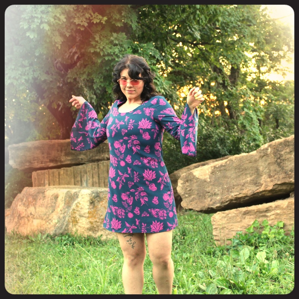 Pink and navy floral dress with fun sleeves!